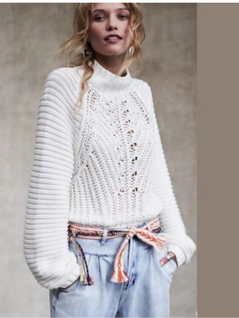 Free People Women's Sweetheart Ivory Cable-Knit Mock Neck Sweater
